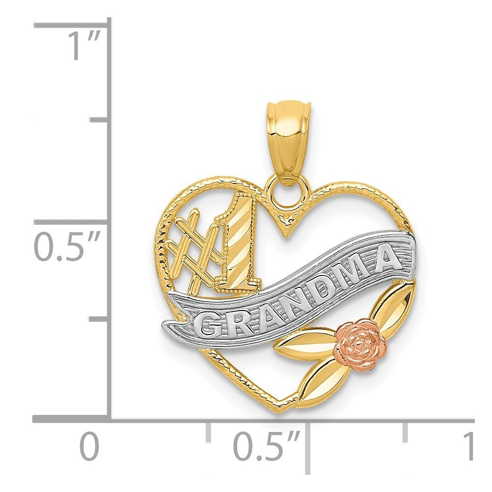 14k Two-tone Gold White Rhodium #1 GRANDMA Heart Pendant for Women