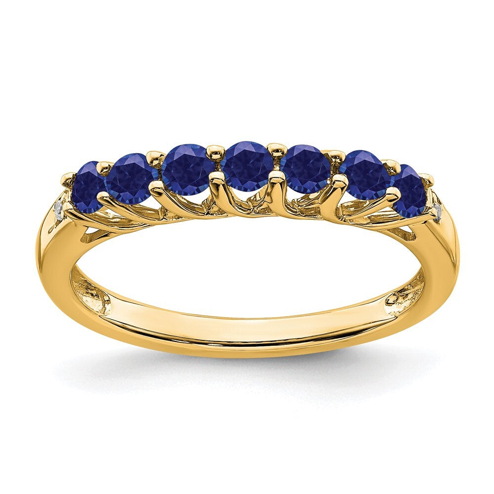 14K Yellow Gold Created Sapphire and Diamond 7-stone Ring Size 7