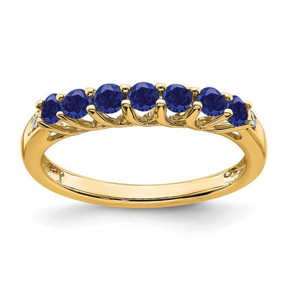 14K Yellow Gold Created Sapphire and Diamond 7-stone Ring Size 7