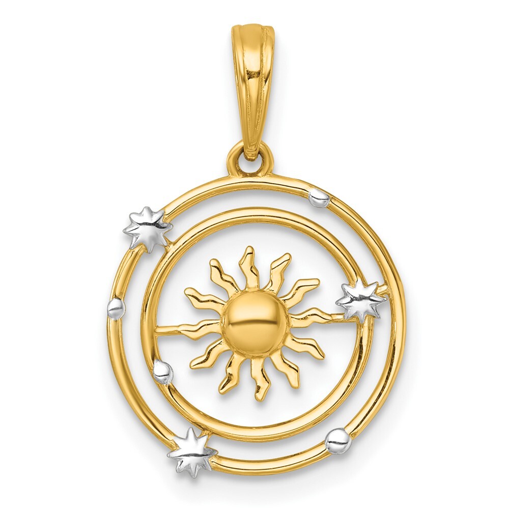 14k Yellow Gold White Rhodium Polished Sun With Solar System Orbit Charm Pendant