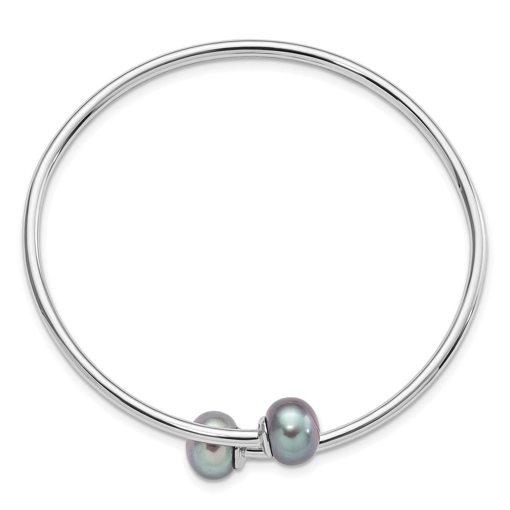 Sterling Silver 9-10mm Grey Button Cultured Pearl Flexible Cuff Bangle