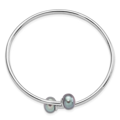 Sterling Silver 9-10mm Grey Button Cultured Pearl Flexible Cuff Bangle