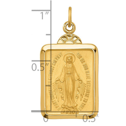 14k Yellow Gold Solid Polished Satin Rectangle w Fan Top Miraculous Medal