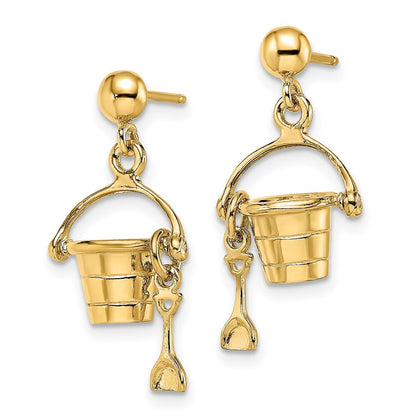 14k Yellow Gold 3-D Beach Bucket w/ Shovel Dangle Earrings