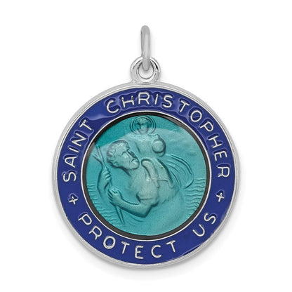 Sterling Silver Rhodium-plated Enameled St. Christopher Medal Pendant