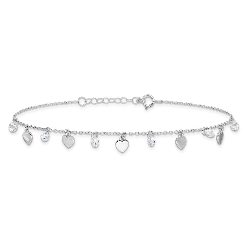 Sterling Silver Rhodium-plated Hearts and CZ 8.75" Plus 1" Extender 9.75" Anklet