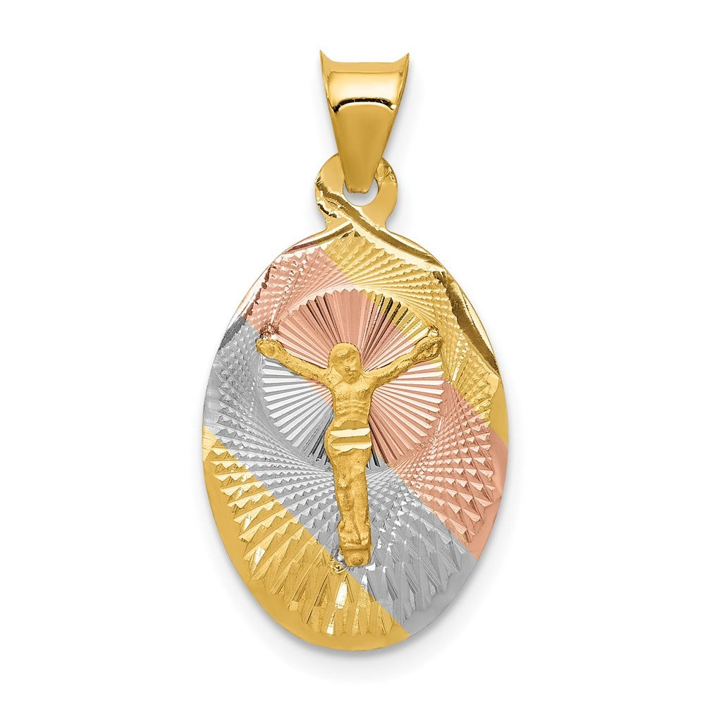 14k Yellow Gold w Rose and White Rhodium Diamond-Cut Corpus Oval Pendant