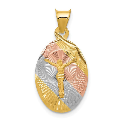 14k Yellow Gold w Rose and White Rhodium Diamond-Cut Corpus Oval Pendant