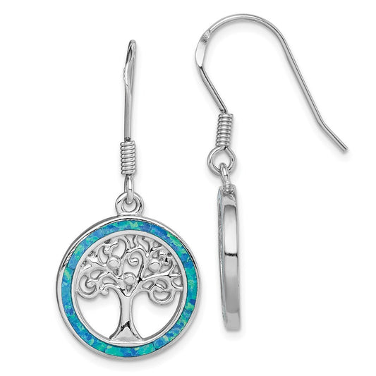 Sterling Silver Rhodium-plated Creat Blue Opal Tree Dangle Earrings