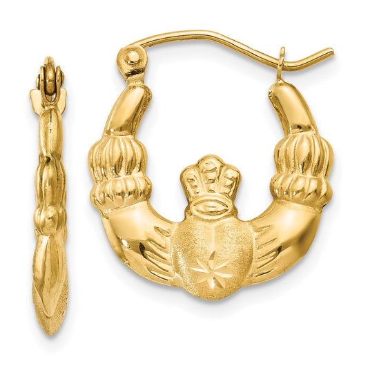 14k Yellow Gold Polished and Satin Claddagh Hoop Earrings