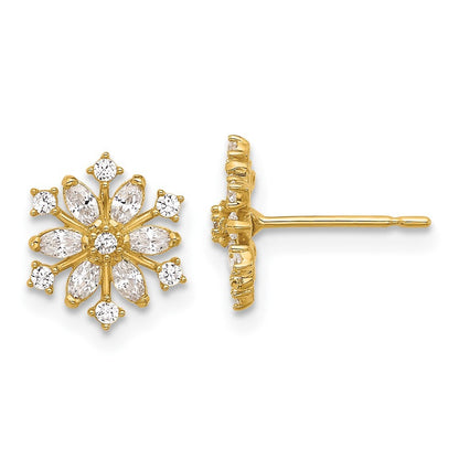 14k Yellow Gold Polished Cubic Zirconia Snowflake Stud Earrings Gift for Women