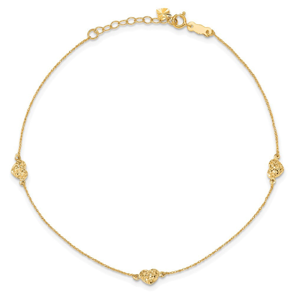 14k Yellow Gold Polished Diamond-cut Triple Puffed Hearts 10" Anklet