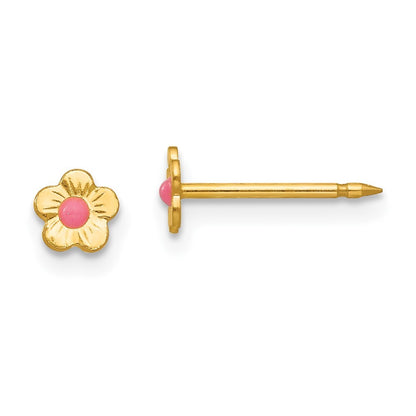 14k Yellow Gold Epoxy Fill Pink Mini Flower Stud Earrings Gift for Women