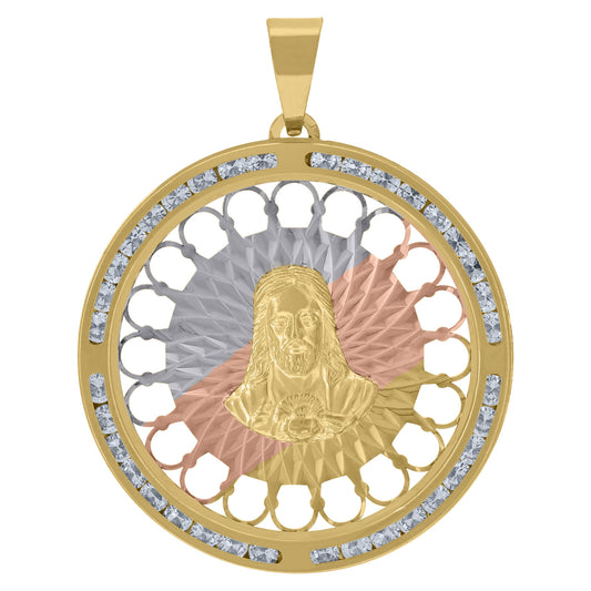 10k Tri-Color Gold CZ Textured Sacred Heart Of Jesus Religious Pendant