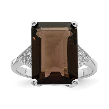 Sterling Silver Rhodium Smoky Quartz & Diamond Ring Size 8