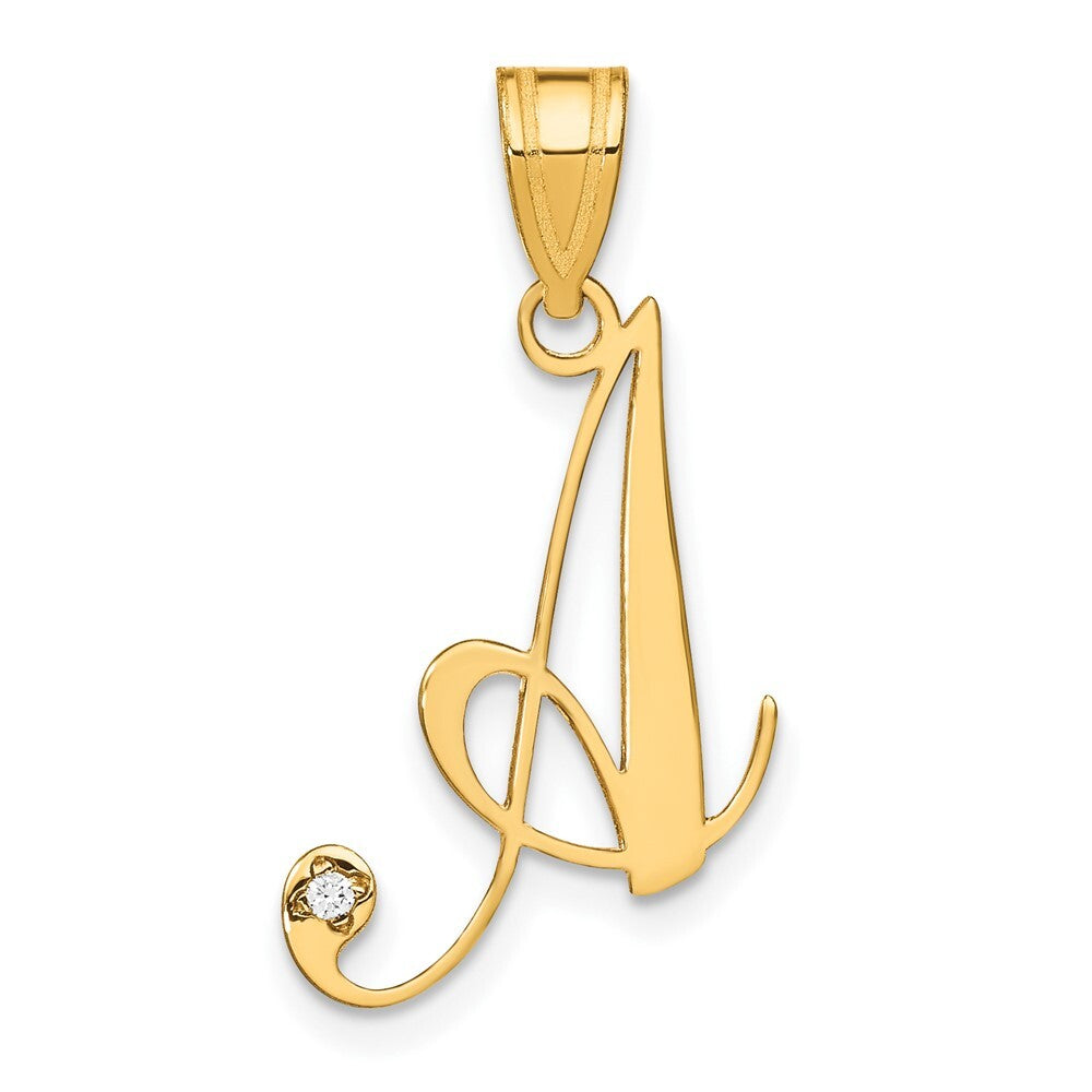 14k Yellow Gold Script Letter A Initial Pendant with Diamond for Women