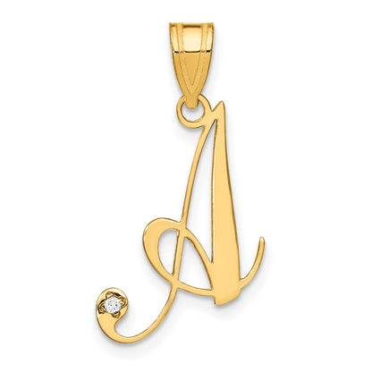 14k Yellow Gold Script Letter A Initial Pendant with Diamond for Women