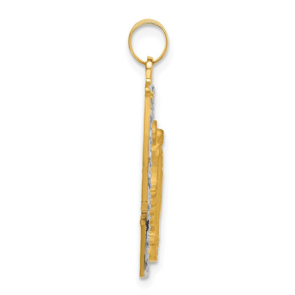 14k Yellow Gold with Rhodium Satin Polished Miraculous Medal Solid Oval Pendant