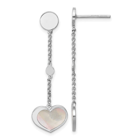 Sterling Silver Rhodium-plated Mother of Pearl Heart and Chain Dangle Earrings