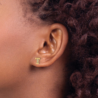 14k Yellow Gold Diamond Initial T Stud Earrings