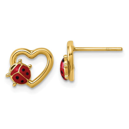 14k Yellow Gold Polished Enameled Lady Bug on Heart Stud Earrings