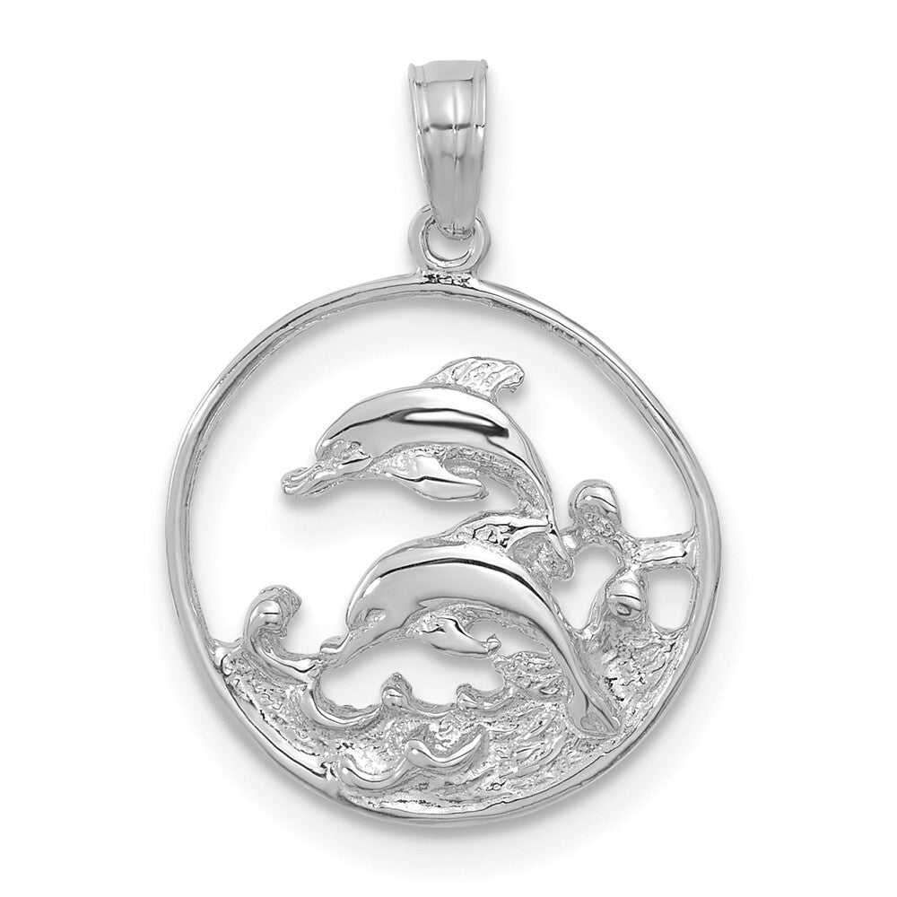14k White Gold Double Dolphin Circle Pendant for Women