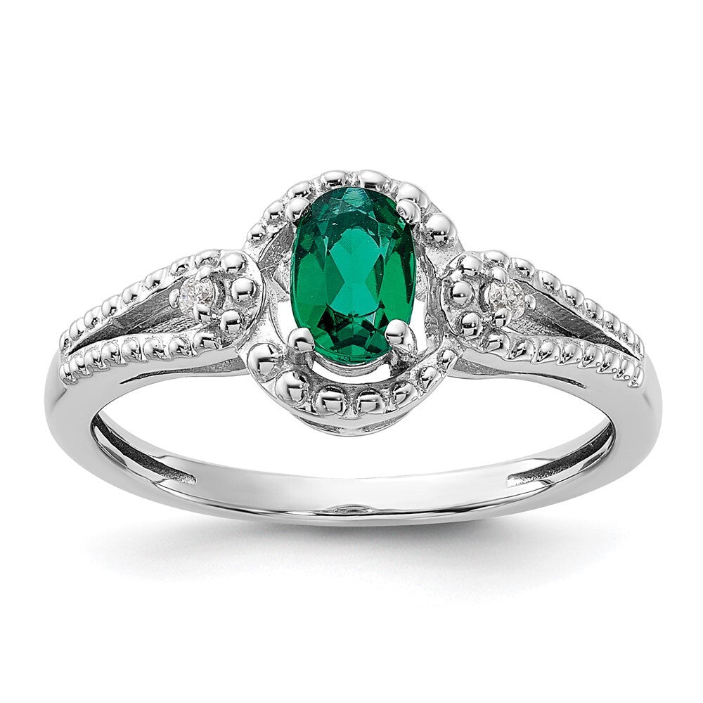 Sterling Silver Rhodium-plated Created Emerald & Diamond Ring