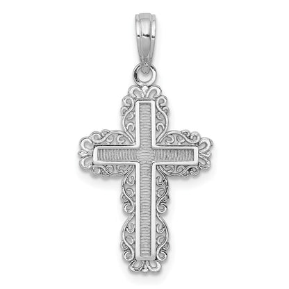 14k White Gold Textured  Lace Trim Cross Charm Pendant for Women