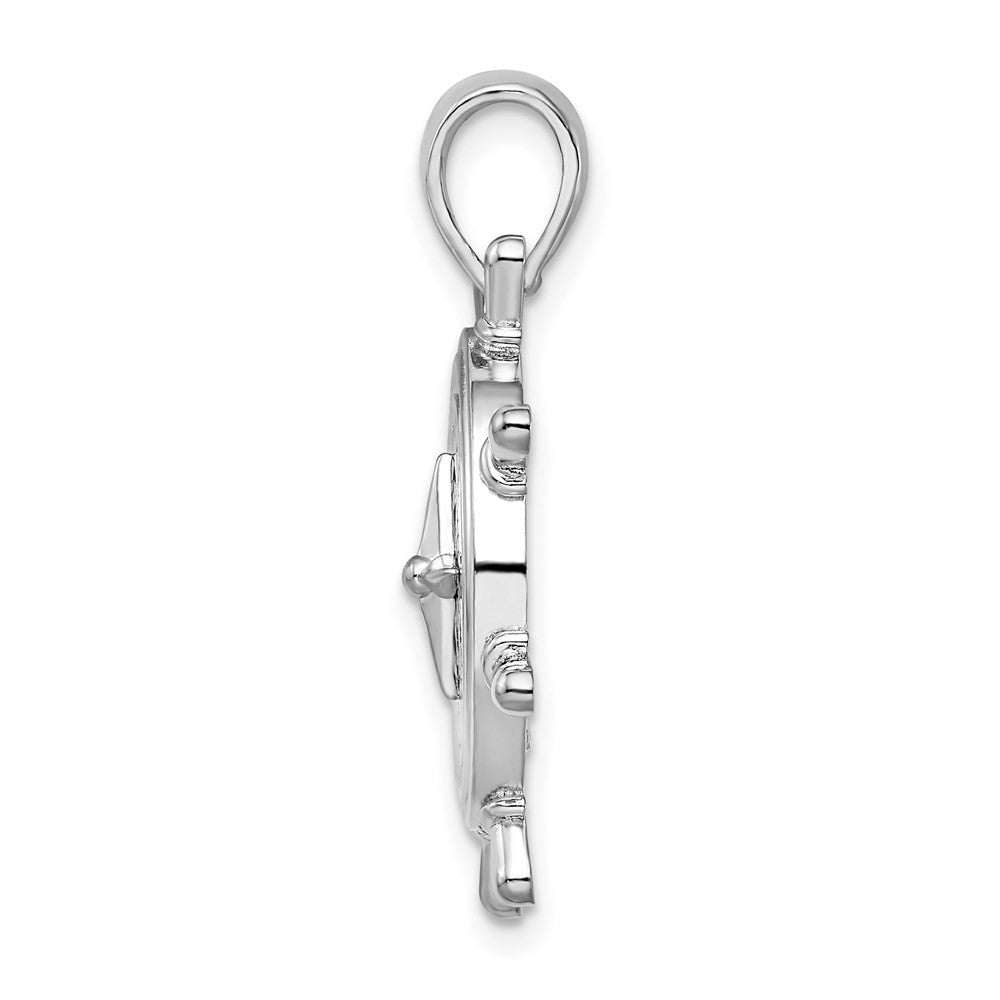 Sterling Silver Rhodium-Plated Polished Ships Wheel with Compass Pendant