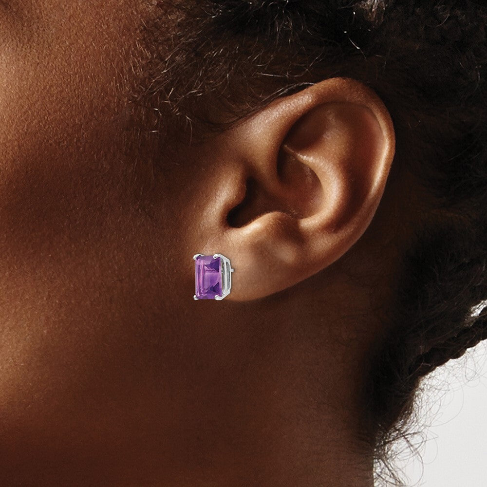 14k White Gold 9x7mm Emerald Cut Amethyst Stud Earrings Gift for Women