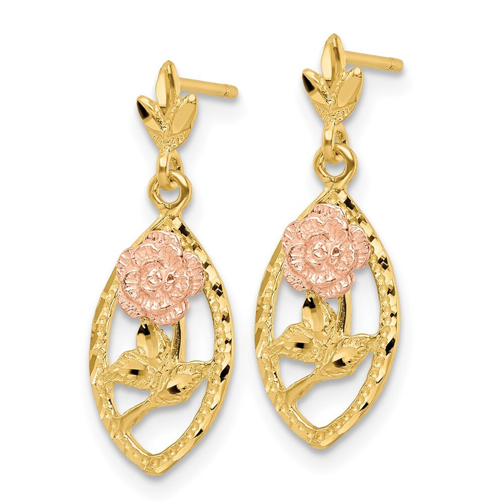 14k Two-tone Gold Textured Flower Dangle Earrings
