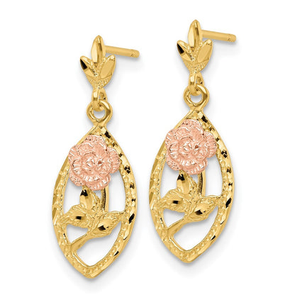 14k Two-tone Gold Textured Flower Dangle Earrings