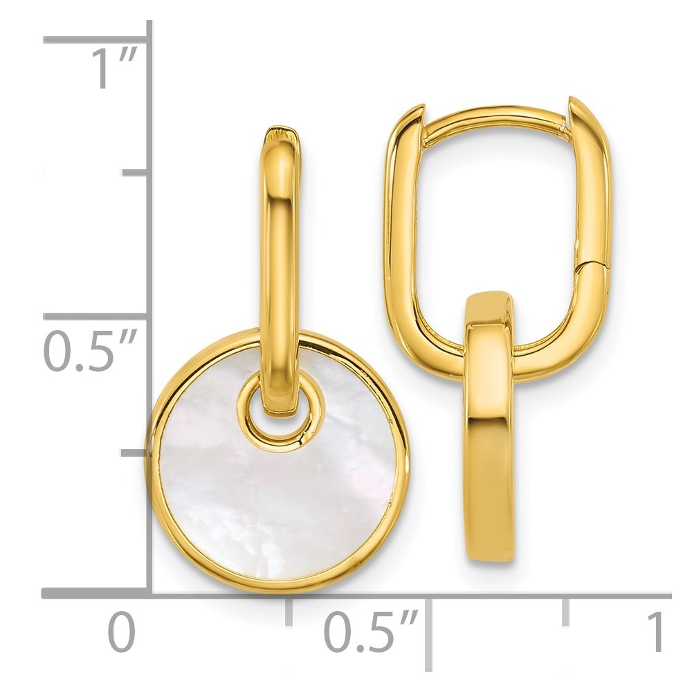 Sterling Silver Gold-plated  Mother of Pearl Circle Drop Hinged Hoop Earrings