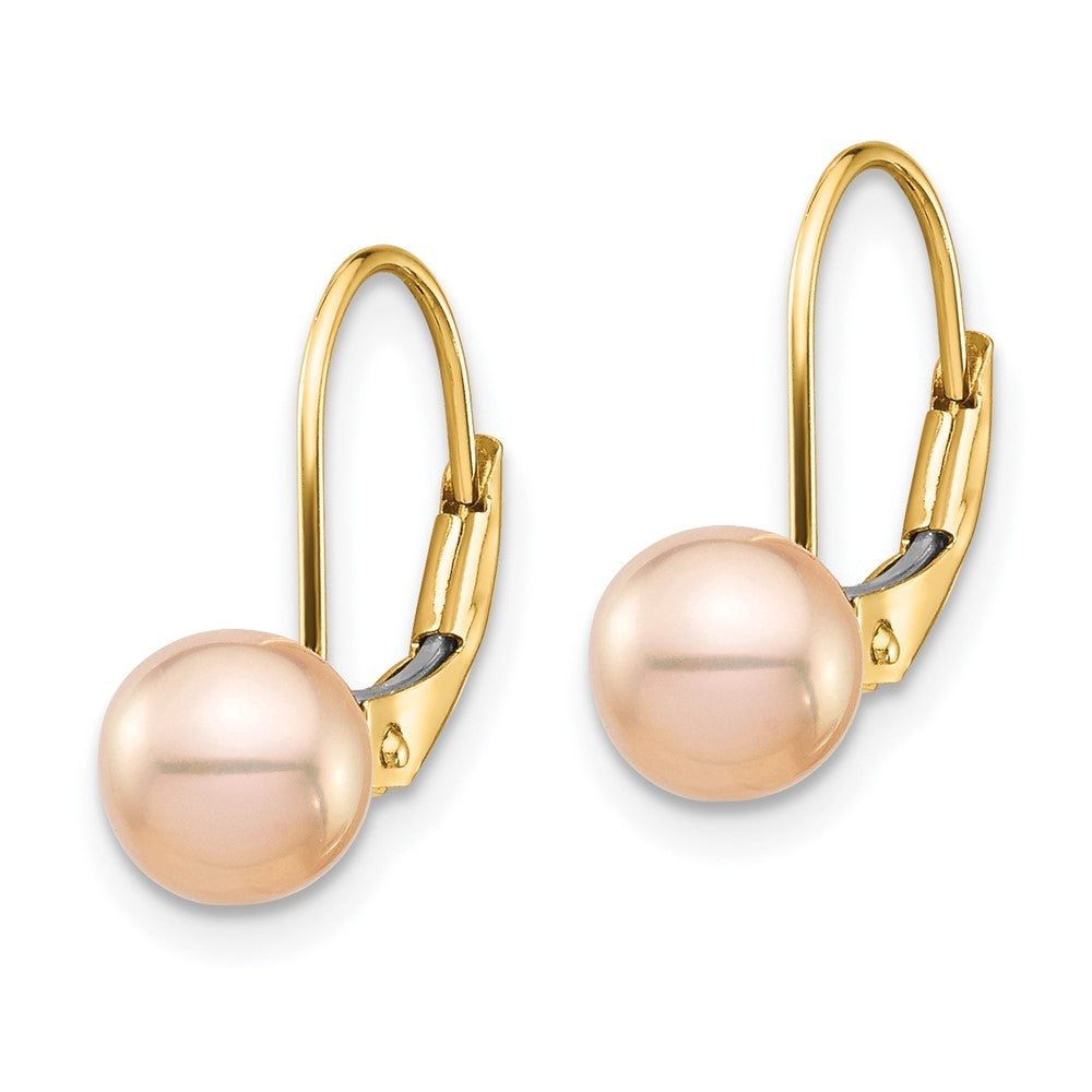 14k Yellow Gold 6-7mm Pink Round Freshwater Cultured Pearl Leverback Earrings