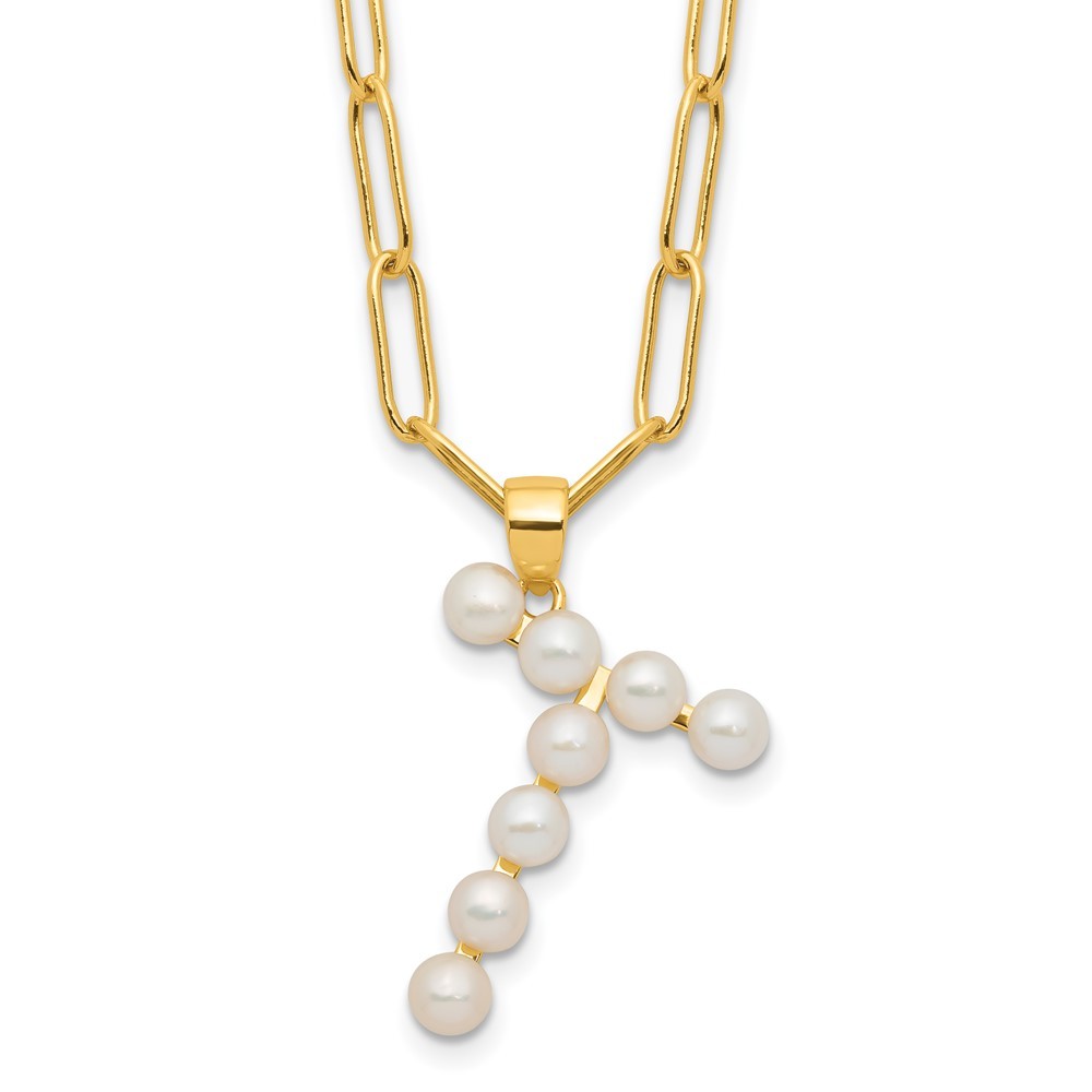 Sterling Silver 3-5.5mm White Button Cultured Pearl LETTER T Necklace 18"