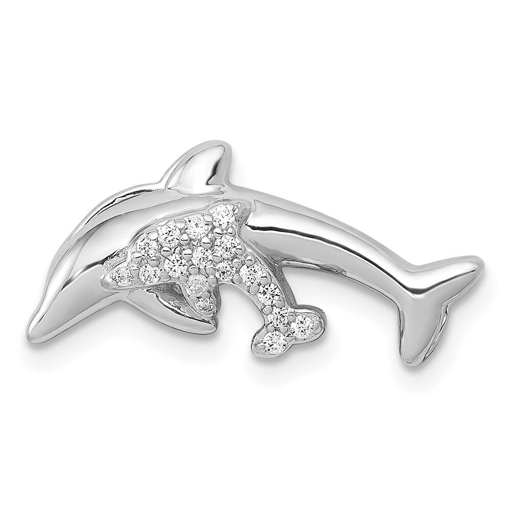 14k White Gold Diamond Dolphins Chain Slide Pendant for Women