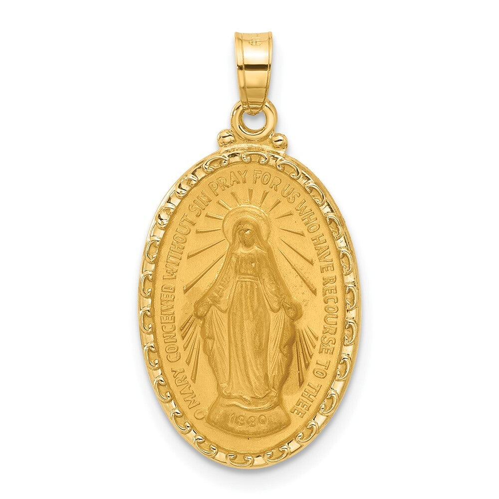 14k Yellow Gold Satin and Polished Miraculous Medal Oval Solid Pendant for Women