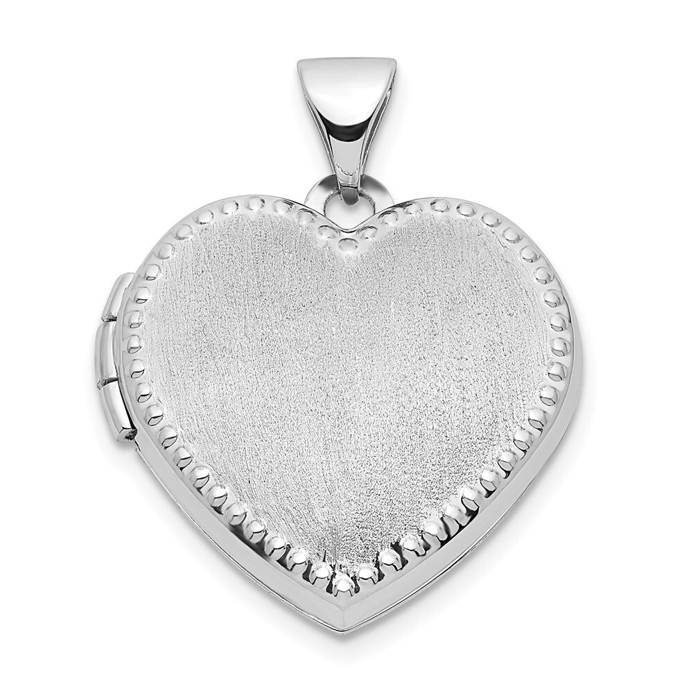 14k White Gold Brushed Beaded Edge 18mm Heart Locket Pendant for Women