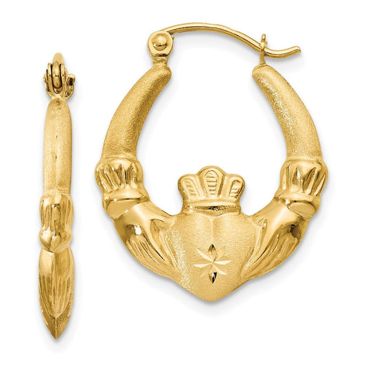 14k Yellow Gold Polished and Satin Claddagh Hoop Earrings