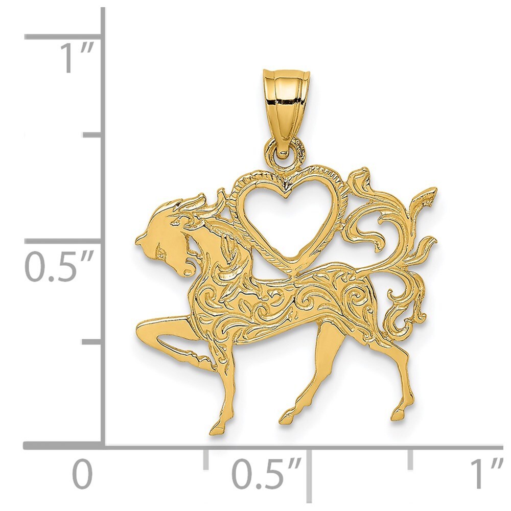 14k Yellow Gold Textured Heart and Horse Charm Pendant for Women