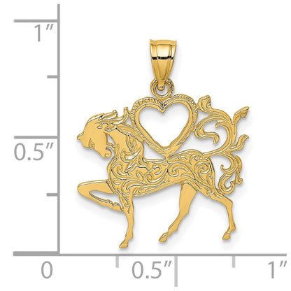 14k Yellow Gold Textured Heart and Horse Charm Pendant for Women