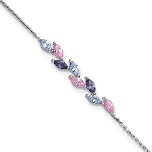 Sterling Silver Rhodium-plated  Fancy Pink and Purple Marquise CZ 7" Bracelet
