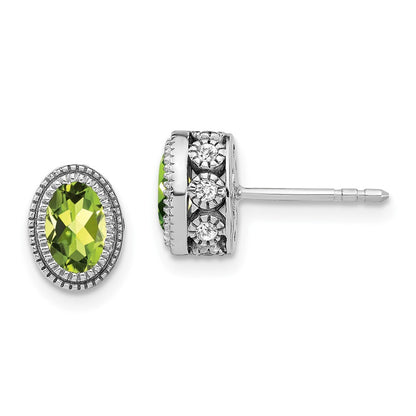 14k White Gold Oval Peridot and Diamond Stud Earrings