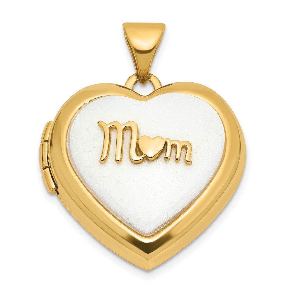 14k Yellow Gold Polished White Agate Mom 18mm Heart Locket Pendant for Women