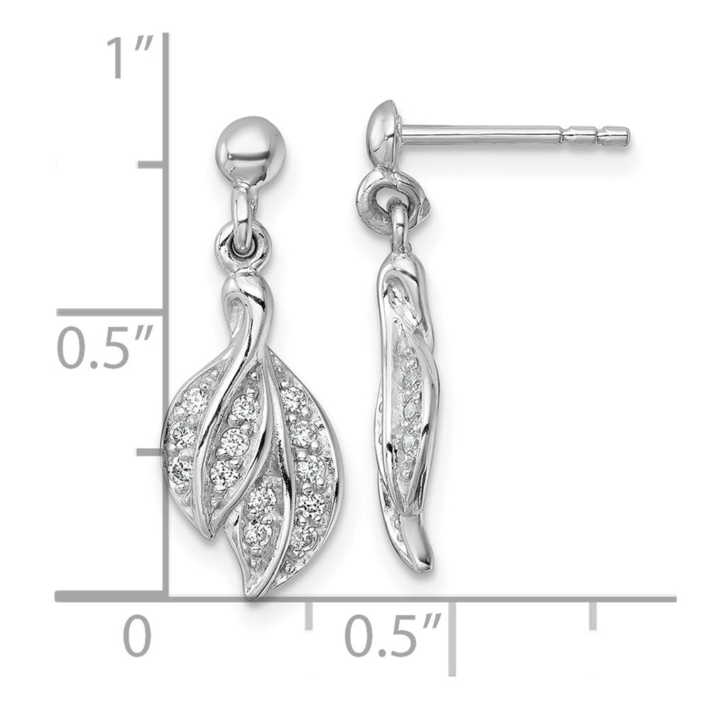 Sterling Silver Rhodium-plated Polished CZ Leaf Dangle Earrings