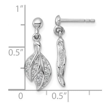 Sterling Silver Rhodium-plated Polished CZ Leaf Dangle Earrings