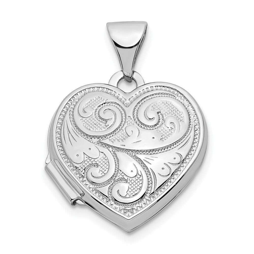 14k White Gold Reversible Swirl Design 15mm Heart Locket Pendant for Women