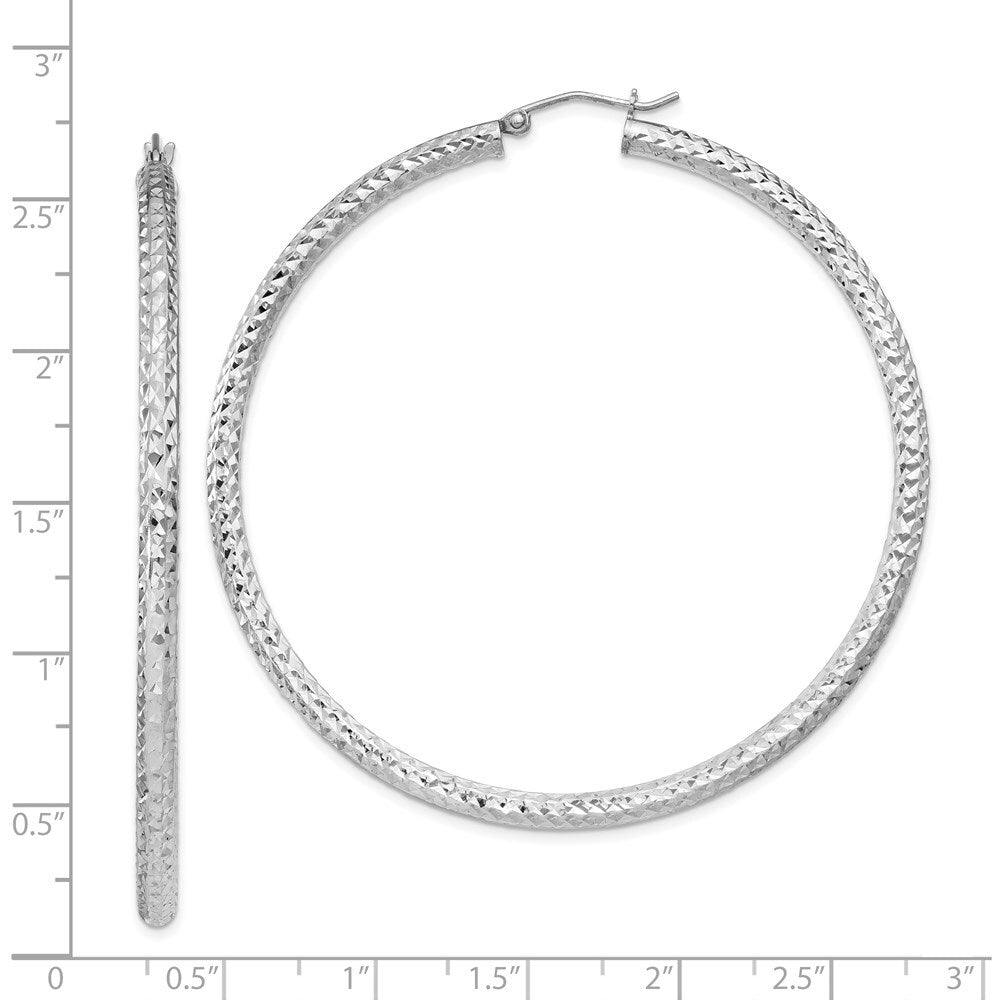Sterling Silver Rhodium-plated Diamond-cut 3x60mm Hoop Earrings