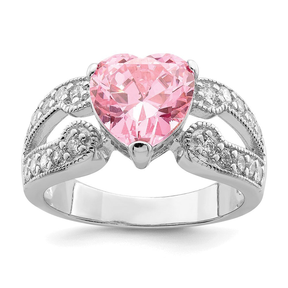 Sterling Silver Rhodium plated 10mm Clear Pink Heart Cubic Zirconia Ring Size 6