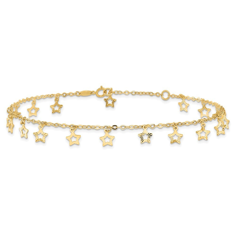 14k Yellow Gold  and Textured Dangle Stars Star Dangle Extender 10" Anklet